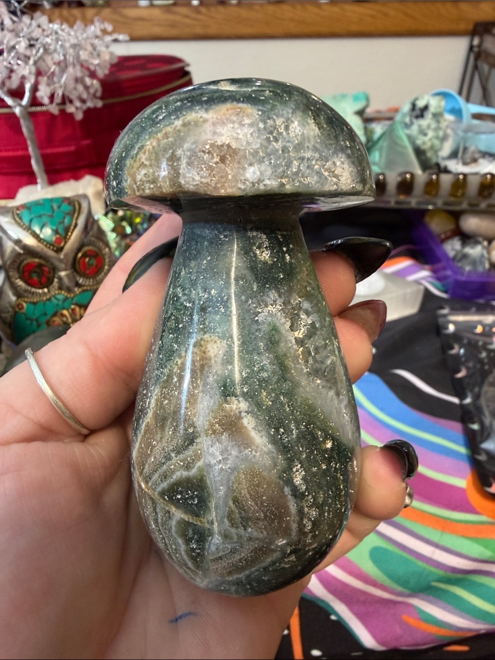 Handcrafted Green and Cream Decorative Stone Mushroom - Unbranded
